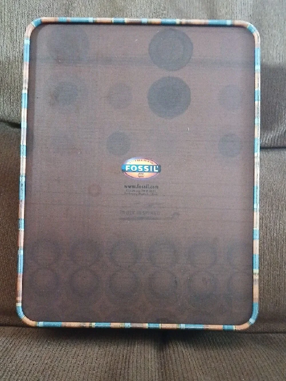 Fossil Retro Geometric Tablet Tin in Orange, Blue, Brown & Cream With Lid 6x5x2